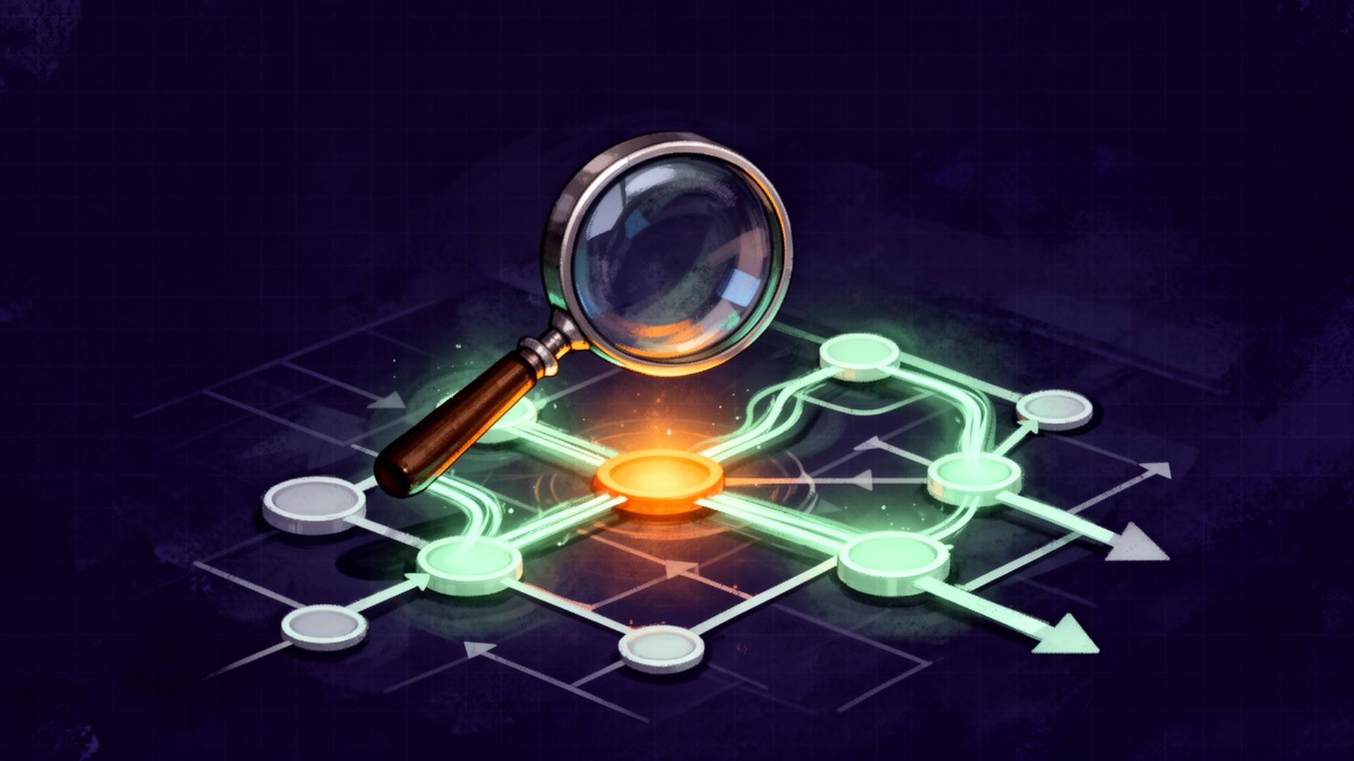 A magnifying glass hovering over a glowing workflow map with one highlighted critical node
