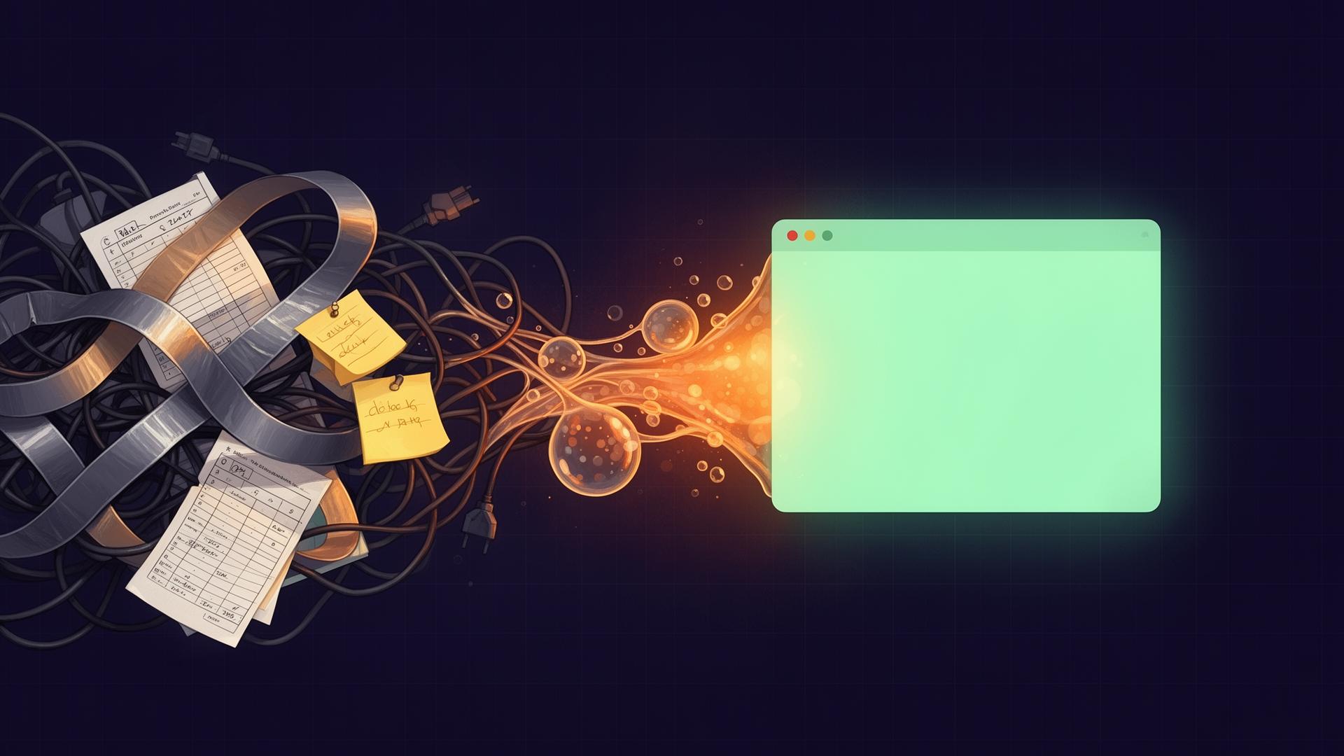 A tangle of cables, spreadsheets and sticky notes resolving into one clean glowing app window