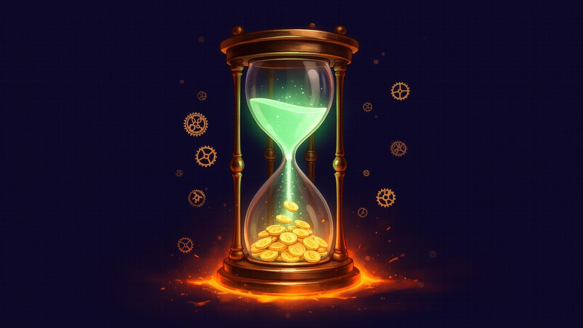 An antique hourglass with glowing green sand falling and turning into gold coins
