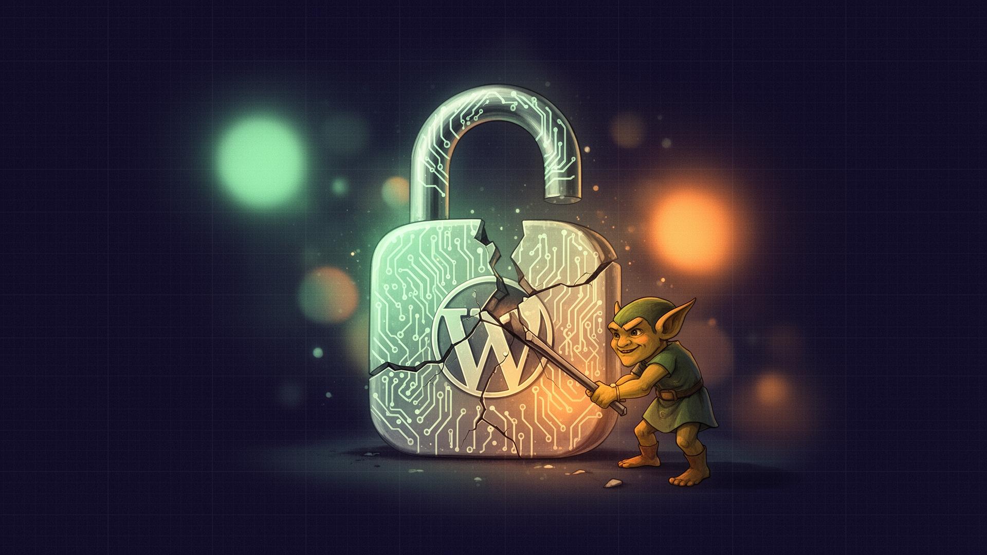 A glowing circuit-etched padlock being cracked open, illustrating WordPress security risk